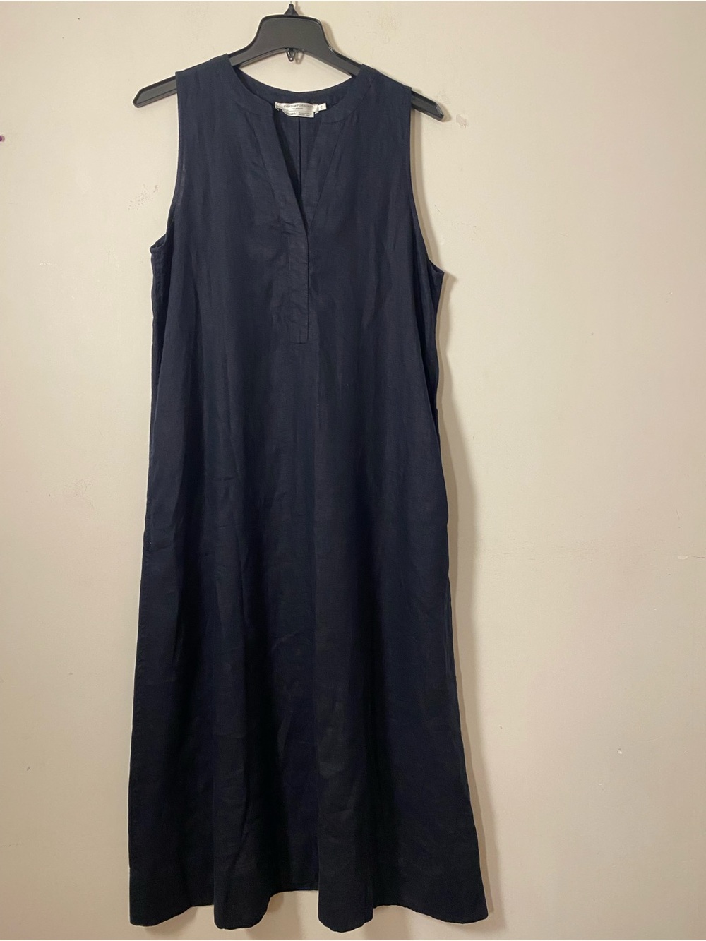 Organic Linen Sleeveless Navy Shift Maxi Dress with Split Neckline & pockets